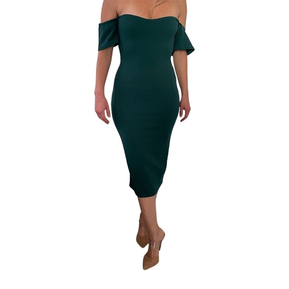 Misguided Off-the-Shoulder Midi Cocktail Dress, Forest Green, Size 0